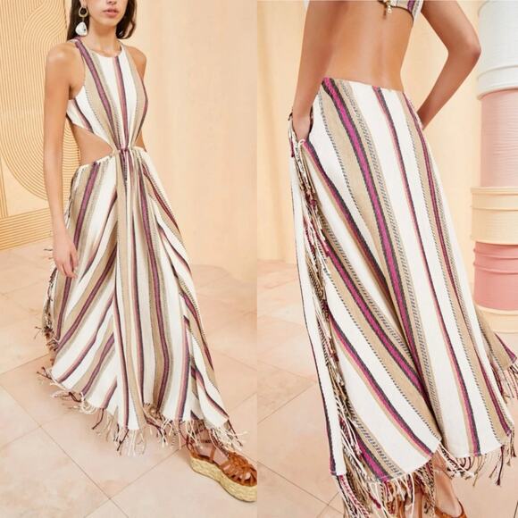 Ulla Johnson Dresses & Skirts - Ulla Johnson Caterina Maxi Dress Cream Linen Striped Cut Out Fringe Boho Size 6
